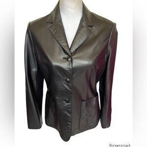 Women's Nine West Black 100% Leather Jacket Buttons Long Sleeve Lined Size 6